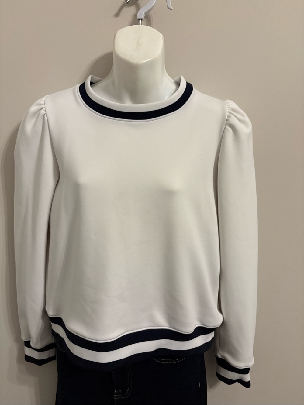 Women's White Crewneck Sweatshirt with Navy Trim